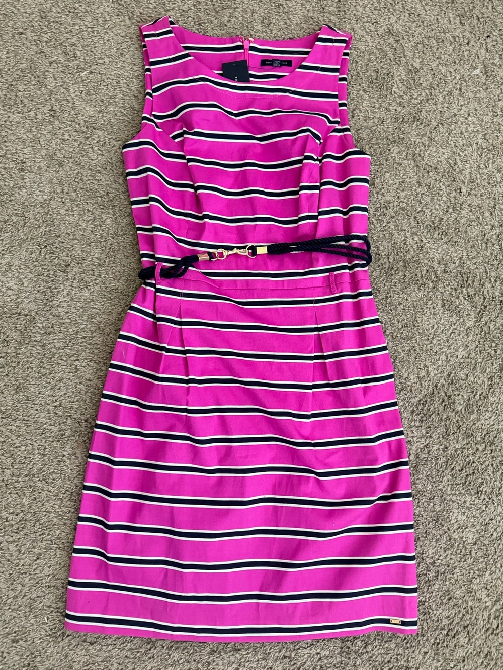Tommy Hilfiger Fuchsia Striped Midi Sheath Dress with Navy Belt